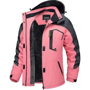Women's Pink Gray Windbreaker Waterproof Ski Snow Fleece Hood Jacket Coat